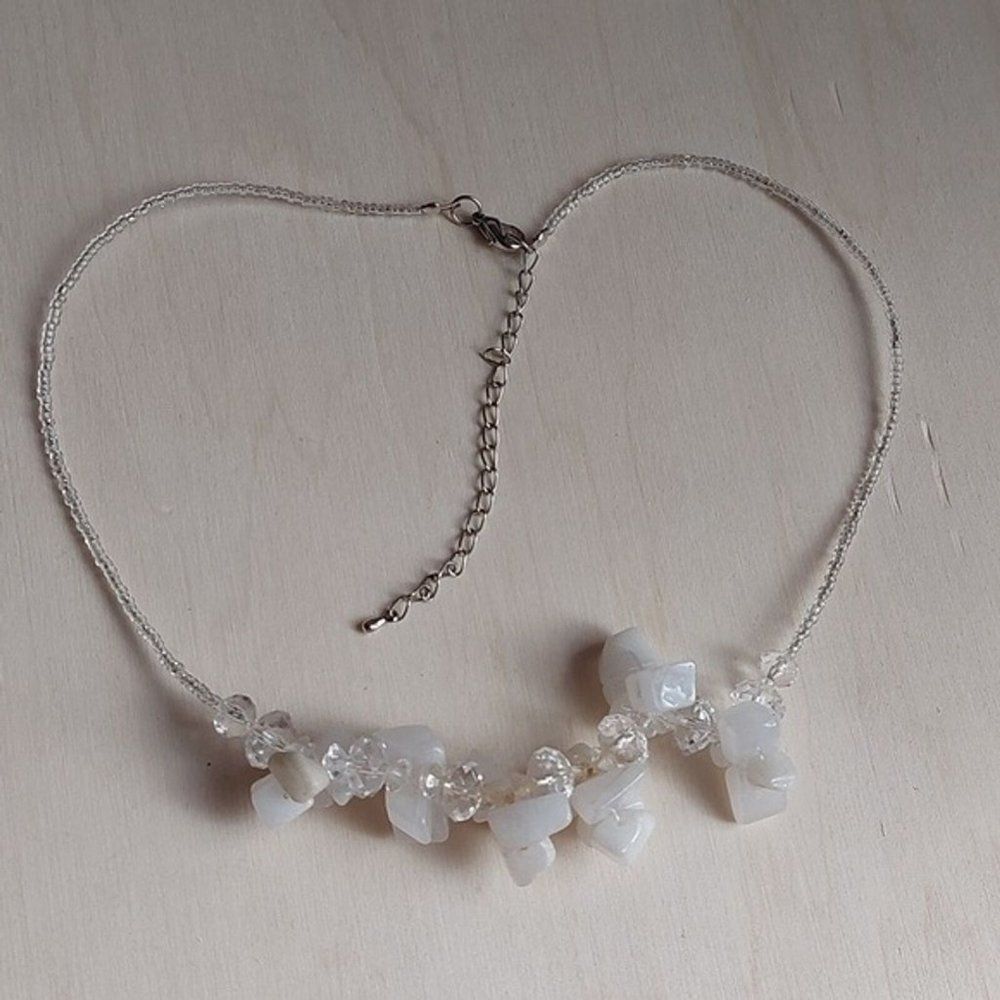 White Frost Rock Icy Quartz and Glass Cluster Beaded Necklace